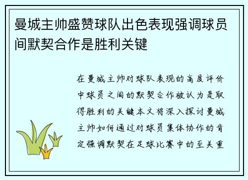 曼城主帅盛赞球队出色表现强调球员间默契合作是胜利关键